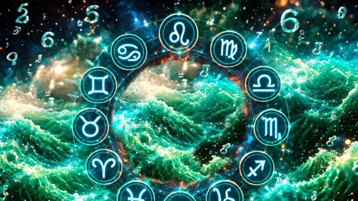 Zodiako ženklai ir skaičiai žalsvame kosminiame fone